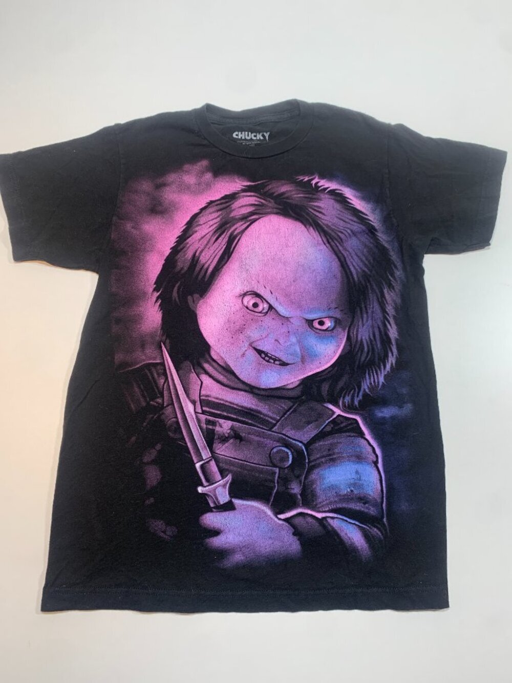 Chucky Horror Graphic Tee Black Movie Shirt Neon Purple Blue Size L - Picture 2 of 7